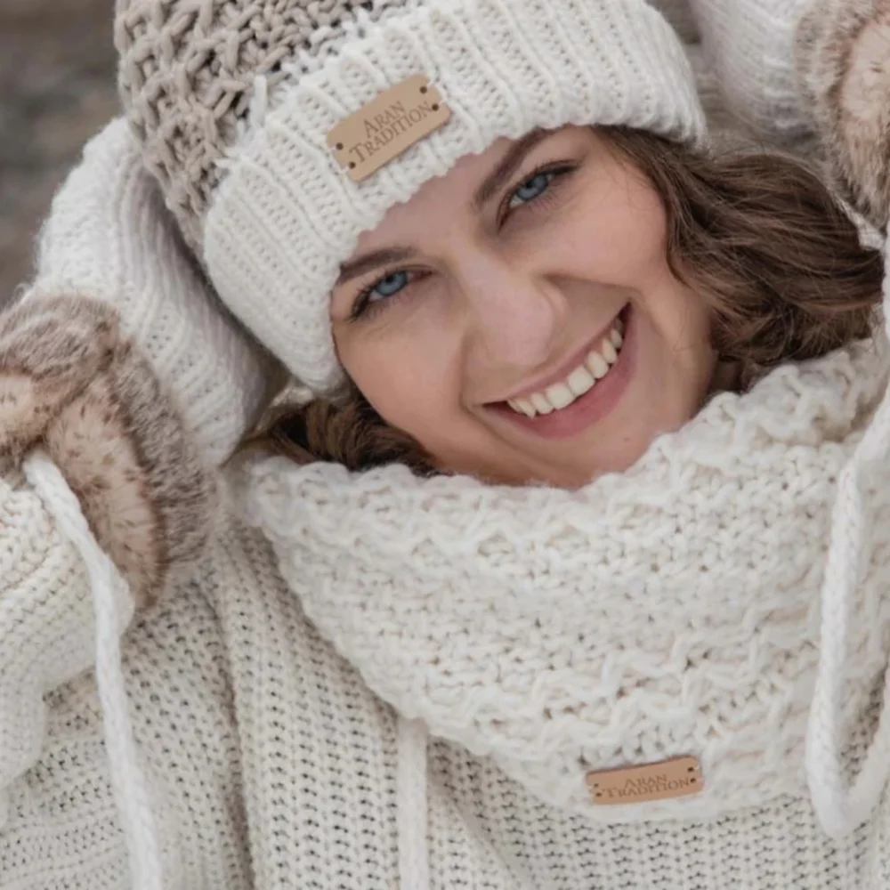 NWT ARAN TRADITIONS Irish Cable Knit Fur Trimmed Cream Ivory Winter Mittens